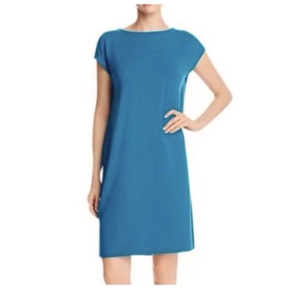 Eileen Fisher V-Back Shift Dress Women XL Teal Blue Cap Sleeves Jersey Stretch - Picture 1 of 10